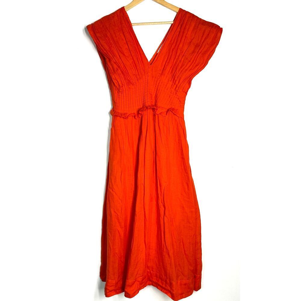 Sea New York Zora Dress Short Sleeve V-Neck Pleated Midi A-Line Red Orange 12 - Picture 2 of 9